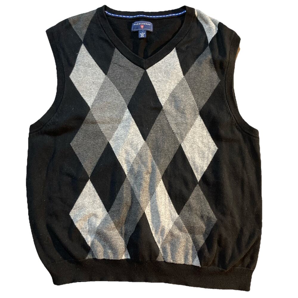 Dark Academia SADDLEBRED Men's Black Gray Argyle Sweater Vest Sz L 100% Cotton